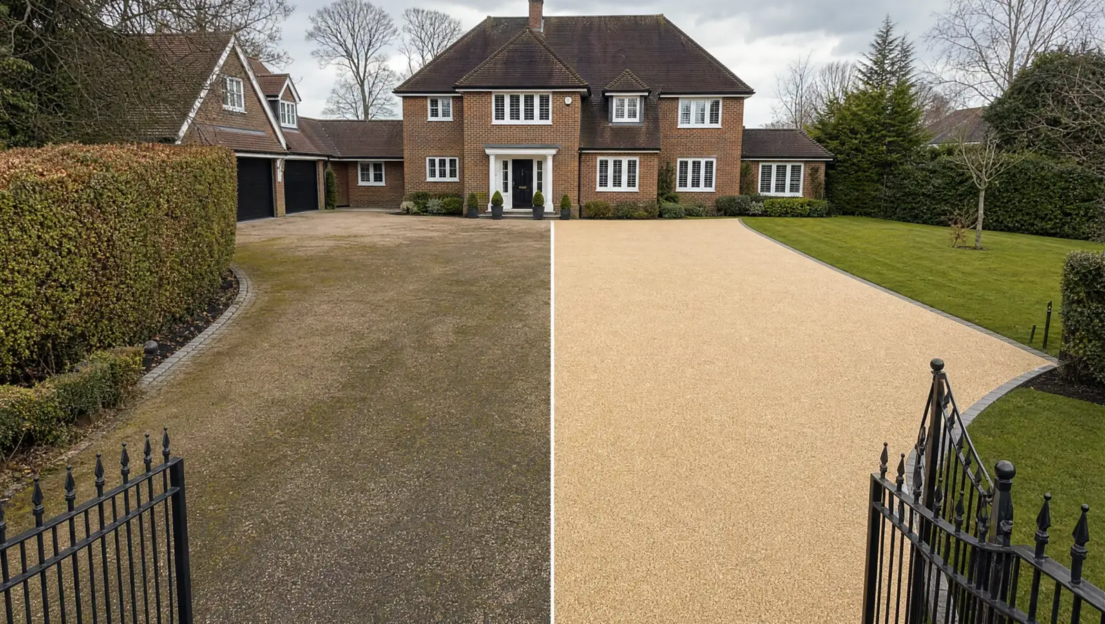 Large gated driveway before and after exterior cleaning