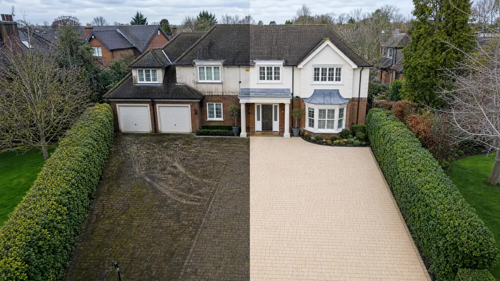 Large driveway before and after pressure washing in Surrey