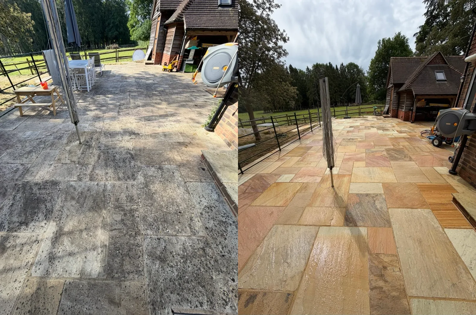 real Indian sandstone patio before and after cleaning by Ant's Jets